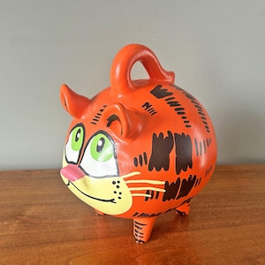 Vintage Yucatan Pottery Ceramic Garfield  Hand Painted Piggy Bank