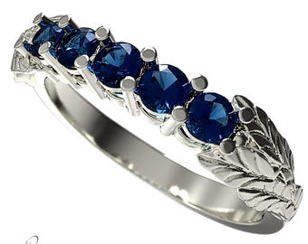 Engagement Ring with 2.5 mm Natural Sapphires and Ficus Leaves