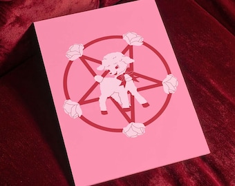 Coquette Pink Witchy Occult Lamb Art Print – Pastel Goth Pentagram Wall Décor