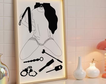 Mature Shibari Girl Wall Art Illustration - Kink friendly Handcuffs Art