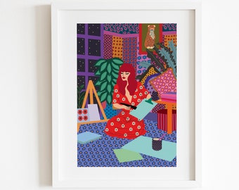 Maximalist Wall Art Print | Bright Eclectic Studio Illustration | Colorful Cheetah Gallery Wall Poster | Quirky Red Dress Woman Drawing