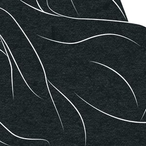 May include: Abstract art piece featuring a textured black background with flowing white lines. The lines curve and intersect, creating a sense of movement and organic form. The artwork is a minimalist design.