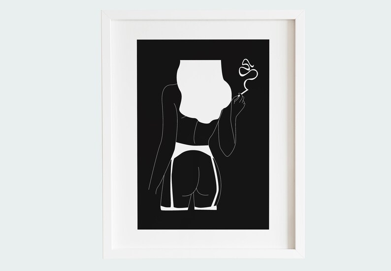 May include: Black and white minimalist art print. The artwork depicts a figure from the back, with white hair and wearing white lingerie, holding a cigarette. The smoke from the cigarette is also white, creating a striking contrast against the black background.