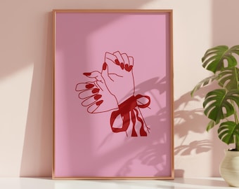 Hands Tied Ribbon Art Print – Romantic Line Drawing, Feminine Bedroom Decor, Birthday Gift for Her (Physical Print)