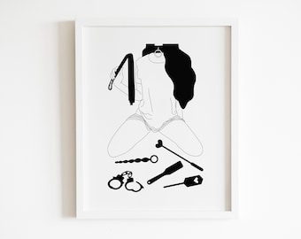 Mature Shibari Girl Wall Art Illustration - Kink friendly Handcuffs Art