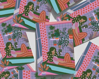 Impresión artística de baño en la jungla de los años 70 / Ilustración botánica vintage