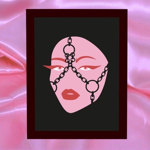 Mistress With Red Lips Pink Devil Dark Art Print - Dominatrix Aesthetic Pastel Goth Chains Art Print Illustration