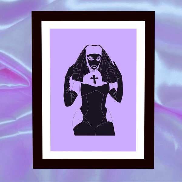 Rubber Slave BDSM Nun Hood Art Print Illustration - Fetish Fashion Satanic Devil Dark Nun Art Print - Dominant Sexy PVC Nun Illustration