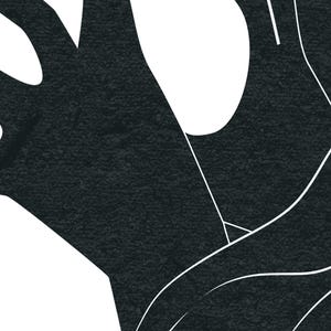 May include: Abstract black and white art print featuring a textured, dark gray hand shape with white outlines. The artwork has a minimalist design, with a focus on contrasting shapes and negative space.