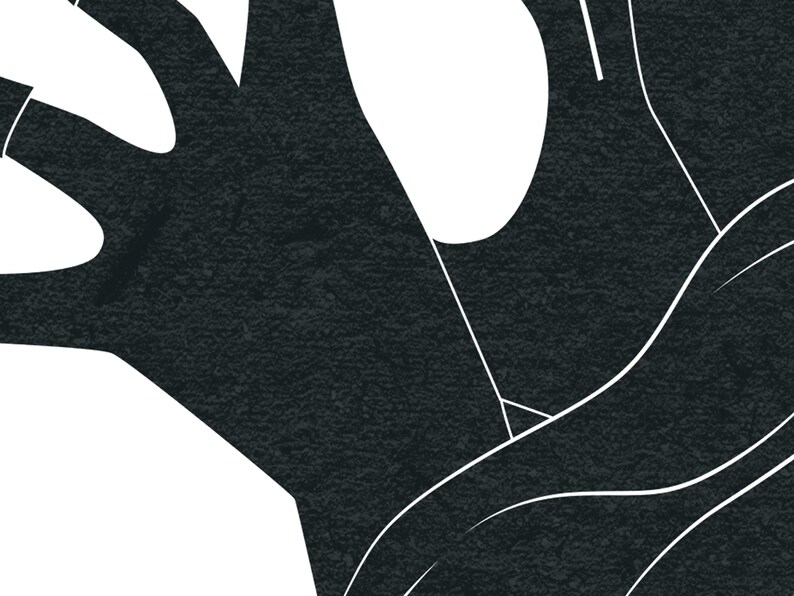 May include: Abstract black and white art print featuring a textured, dark gray hand shape with white outlines. The artwork has a minimalist design, with a focus on contrasting shapes and negative space.