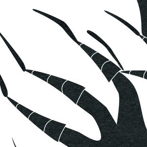 May include: Abstract black and white graphic art. The image features a series of curved, elongated shapes in black, contrasted against a white background. Some shapes have white segmented lines. The overall design is minimalist and modern.