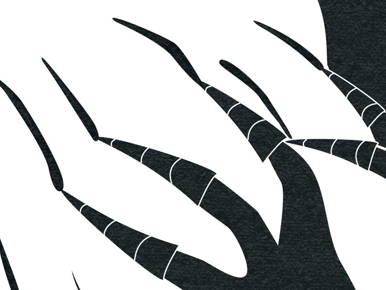 May include: Abstract black and white graphic art. The image features a series of curved, elongated shapes in black, contrasted against a white background. Some shapes have white segmented lines. The overall design is minimalist and modern.