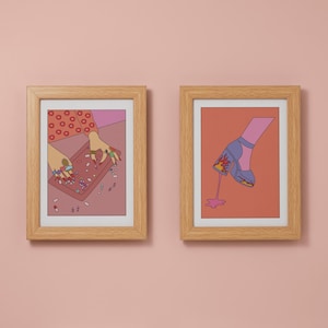 Retro Hands with Rings & Pills - Flaming Heels Chewing Gum Illustration - Tumblr Aesthetic Retro Alt Fashion Tumblr Aesthetic Wall Art