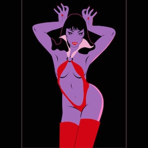 Retro Halloween Female Vampire Illustration - Spooky Vampire Girl Decor - Gothic Sexy Vampire Pinup Vintage Art Poster