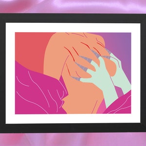 Op de afbeelding: Een digitale illustratie van twee handen, waarvan er één scherpe klauwen heeft, die interacteren met een roze en oranje figuur. De achtergrond is een verloop van roze en paars.