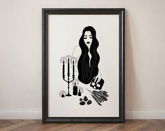 Witchy Woman Botanical Line Art Print, Whimsigoth Home Decor
