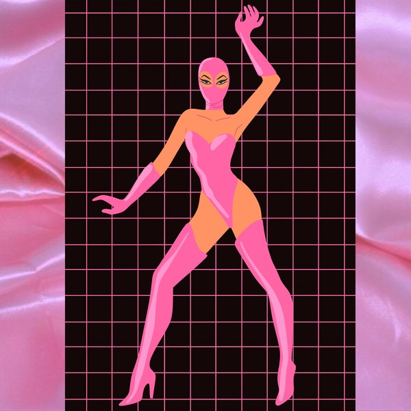 Dominatrix Woman in Pink Latex Catsuit Illustration Art Print - Kink Fetish Slave Master Illustration - BDSM Baby Brat Daddy Wall Art Print