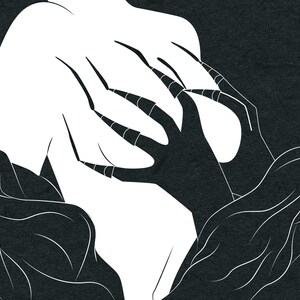 May include: A black and white illustration depicts a figure's back being touched by a clawed hand. The artwork features a textured background and flowing lines, creating a dramatic and surreal composition.