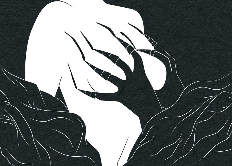 May include: A black and white illustration depicts a figure's back being touched by a clawed hand. The artwork features a textured background and flowing lines, creating a dramatic and surreal composition.