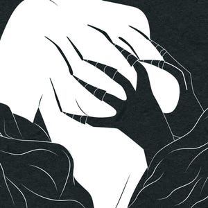 May include: A black and white illustration featuring a stylized depiction of hands with long, sharp claws reaching out. The artwork has a textured background and a minimalist aesthetic, evoking a sense of mystery.