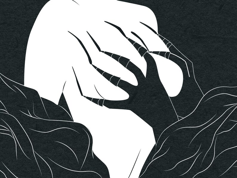 May include: A black and white illustration featuring a stylized depiction of hands with long, sharp claws reaching out. The artwork has a textured background and a minimalist aesthetic, evoking a sense of mystery.