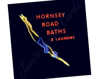 Hornsey Road Baths Neon rearranged – Prints and greeting cards – Free UK postage