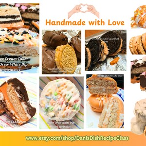 Pu&ograve; includere: Un collage di vari dessert fatti in casa, tra cui fette di torta alla crema d'arancia con Oreo scuri e salsa bianca, e biscotti Oreo ricoperti di cioccolato. Alcuni sono guarniti con zuccherini autunnali e pastello. Il testo "Handmade with Love" &egrave; visibile.