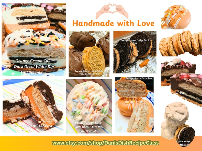 Pu&ograve; includere: Un collage di vari dessert fatti in casa, tra cui fette di torta alla crema d'arancia con Oreo scuri e salsa bianca, e biscotti Oreo ricoperti di cioccolato. Alcuni sono guarniti con zuccherini autunnali e pastello. Il testo "Handmade with Love" &egrave; visibile.