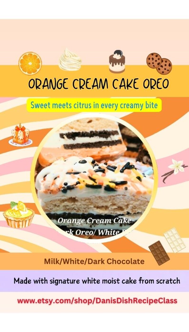 Pu&ograve; includere: Immagine di una torta Oreo alla crema d'arancia. La torta &egrave; decorata con zuccherini colorati e poggia su una base di glassa bianca. Il testo "Sweet meets citrus in every creamy bite" &egrave; visualizzato.