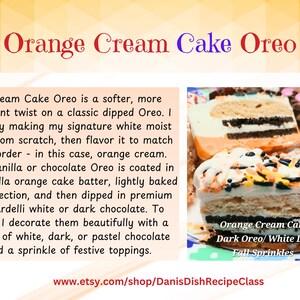 Pu&ograve; includere: Oreo torta alla crema d'arancia. Un dessert a strati con una base di torta all'arancia e vaniglia, un centro Oreo scuro e una glassa al cioccolato bianco. La torta &egrave; guarnita con zuccherini festivi. Il testo sull'immagine recita "Orange Cream Cake Oreo".