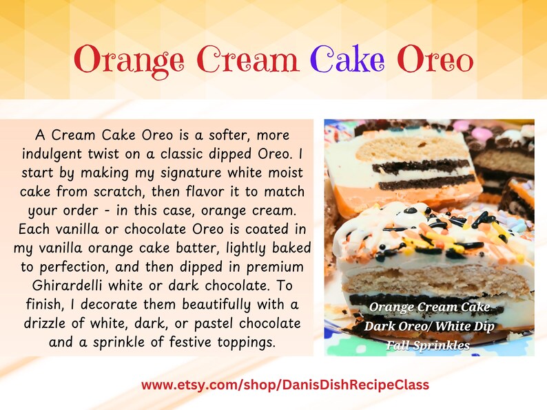 Pu&ograve; includere: Oreo torta alla crema d'arancia. Un dessert a strati con una base di torta all'arancia e vaniglia, un centro Oreo scuro e una glassa al cioccolato bianco. La torta &egrave; guarnita con zuccherini festivi. Il testo sull'immagine recita "Orange Cream Cake Oreo".