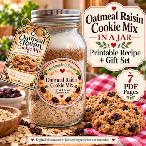Puede incluir: Un frasco de vidrio con ingredientes en capas para galletas de avena y pasas, con una etiqueta que dice Oatmeal Raisin Cookie Mix. El set incluye páginas de recetas imprimibles. El texto indica descarga digital, frasco e ingredientes no incluidos.