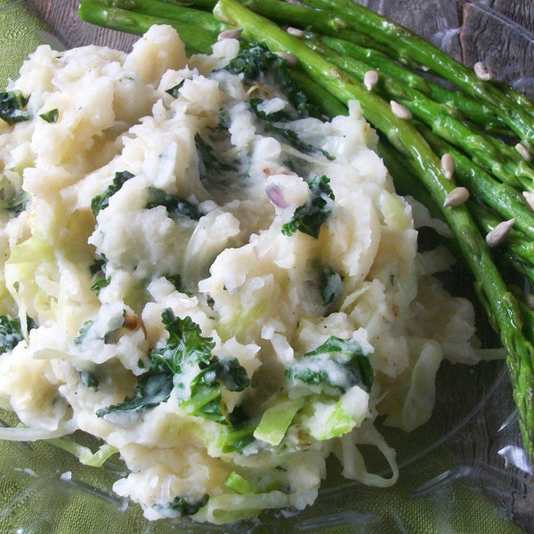 Spuds Mash with Leeks, Kale & Cabbage, downloadable PDF or JPEG Eating Cleaner Irish potatoes recipe file