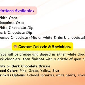 Pu&ograve; includere: Grafica con testo che descrive le varianti Oreo: Oreo bianco, Oreo al cioccolato, salsa al cioccolato bianco, salsa al cioccolato fondente e cioccolato misto. Sono elencate anche le opzioni di glassa e spruzzate personalizzate.