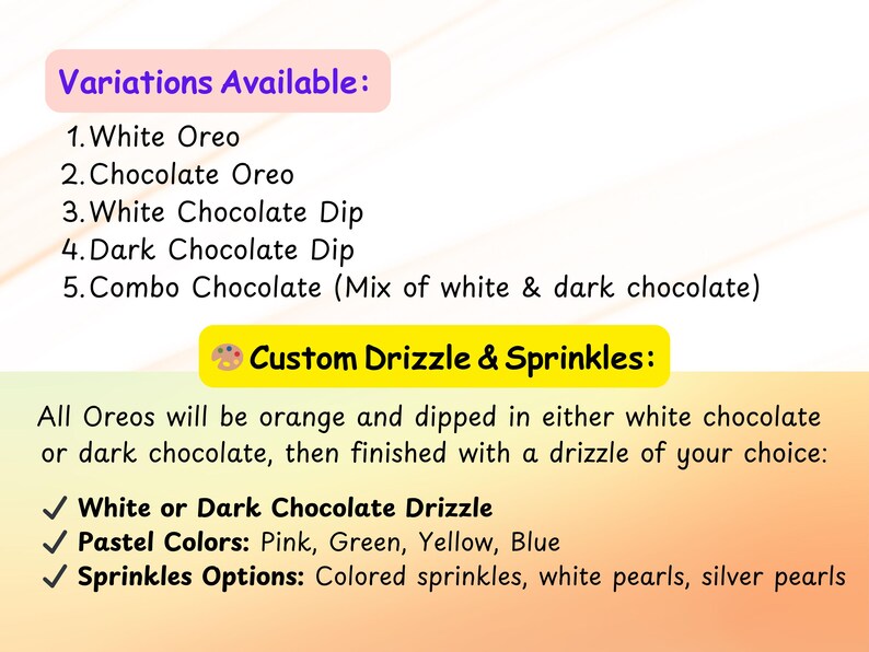 Pu&ograve; includere: Grafica con testo che descrive le varianti Oreo: Oreo bianco, Oreo al cioccolato, salsa al cioccolato bianco, salsa al cioccolato fondente e cioccolato misto. Sono elencate anche le opzioni di glassa e spruzzate personalizzate.