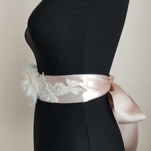 bride sash,Baby Shower Sash Mommy to Be Sash bridal belt ivory satin champagne satin,handmade flowers,wedding belt,Wing, Long Waist. image 5