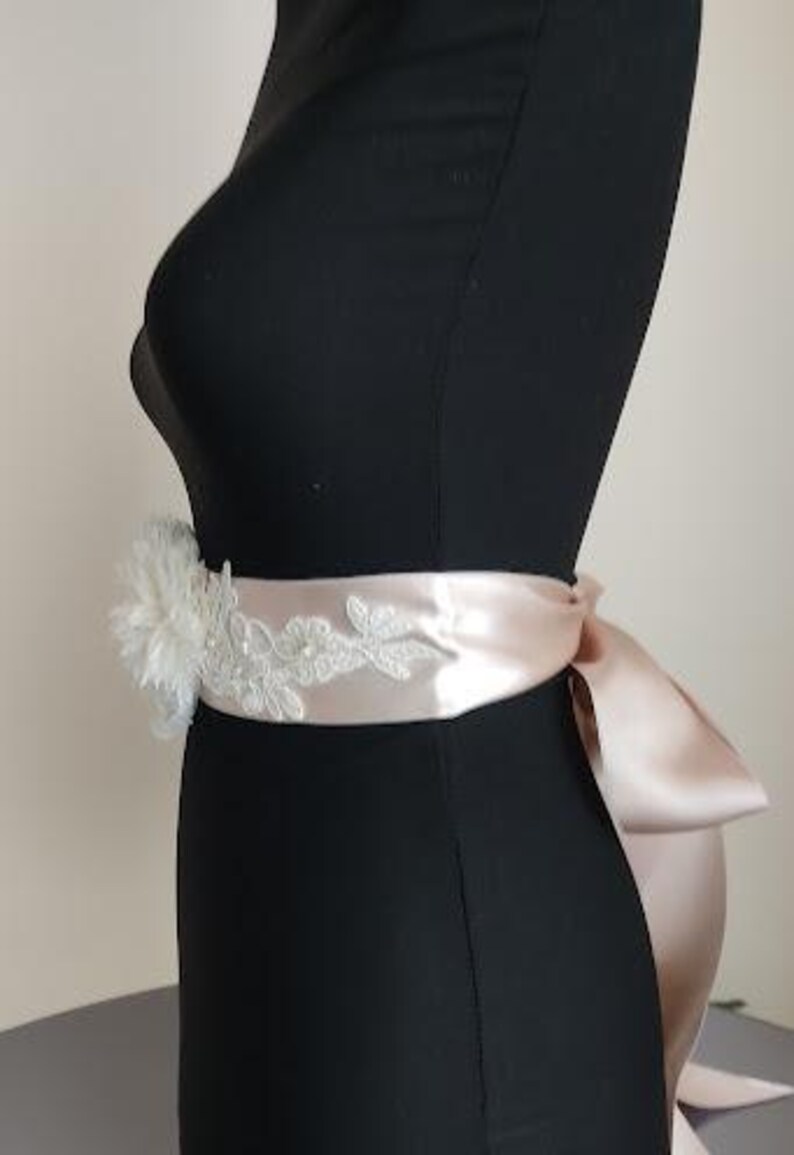 bride sash,Baby Shower Sash Mommy to Be Sash bridal belt ivory satin champagne satin,handmade flowers,wedding belt,Wing, Long Waist. image 5