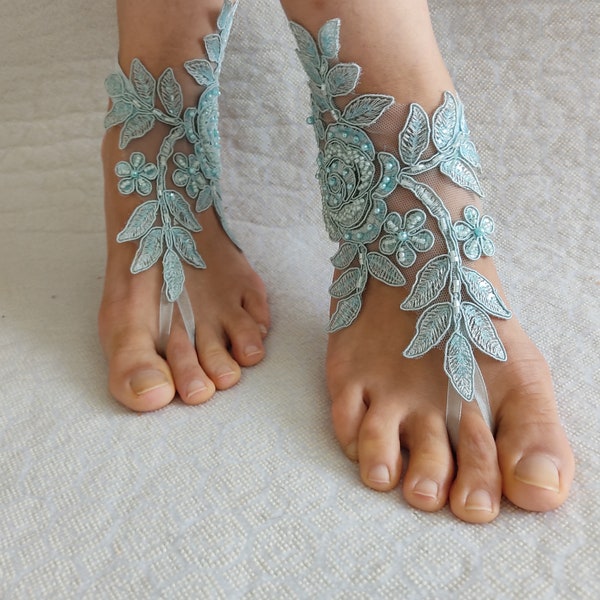 Barefoot sandals,wedding shoes, summer shoes,beaded mint green lace, wedding sandals,prom dress accessories, foot jewelry,