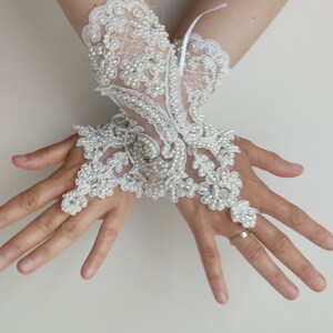 Guanti Da Sposa In Pizzo Con Perle | Lunghi 22cm | Eleganti Per Matrimoni E Serate - Foto 4
