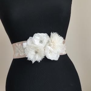 bride sash,Baby Shower Sash Mommy to Be Sash bridal belt ivory satin champagne satin,handmade flowers,wedding belt,Wing, Long Waist. image 1