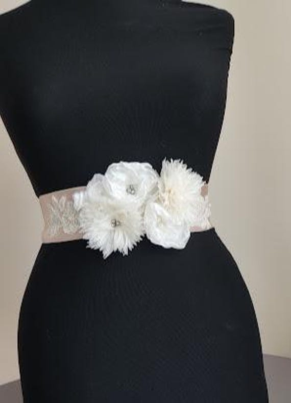 bride sash,Baby Shower Sash Mommy to Be Sash bridal belt ivory satin champagne satin,handmade flowers,wedding belt,Wing, Long Waist.