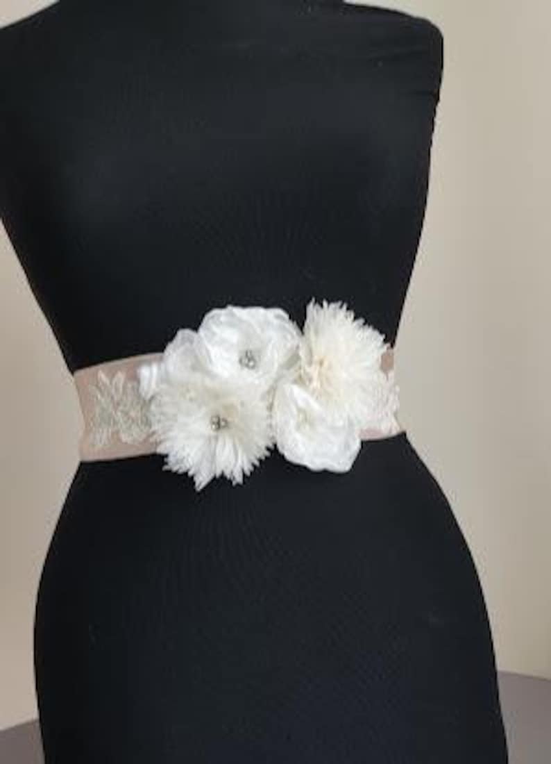 bride sash,Baby Shower Sash Mommy to Be Sash bridal belt ivory satin champagne satin,handmade flowers,wedding belt,Wing, Long Waist. image 1