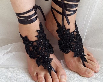 Bridal acessories Barefoot sandals, beach sandals, halloween, black, french lace,Beach shoes,wedding sandals,costume accessories,braded lace