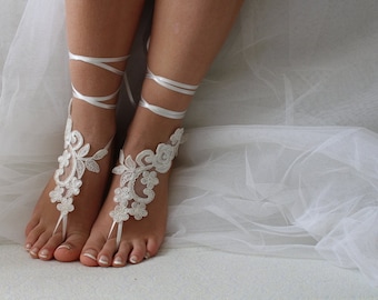 wedding barefoot 4 sets of bridesmaid, ivory lace,wedding sandals,shoes,anklet, bridal sandals, bridesmaids, wedding  gifts.