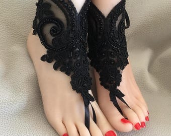 Bridal acessories Barefoot sandals, beach sandals, halloween, black, french lace,Beach shoes,wedding sandals,costume accessories,braded lace