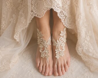 Bruidschoenen, zomerschoenen, strandschoenen, sandalen op blote voeten, kralen, champagnekleurige veterschoenen, bruiloftsandalen, bruidsaccessoires, bruidsmeisjes