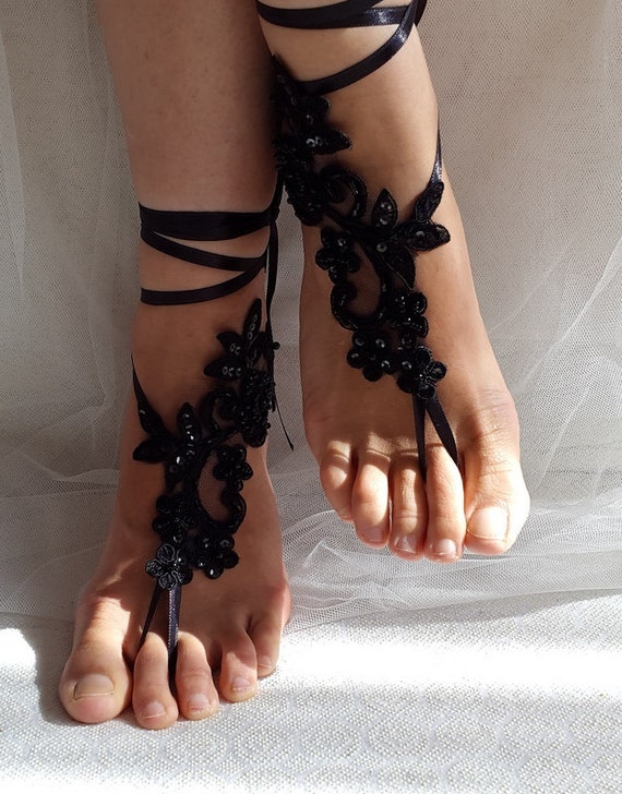 Barefoot sandalsummer shoeswedding shoesBeaded blacklace | Etsy