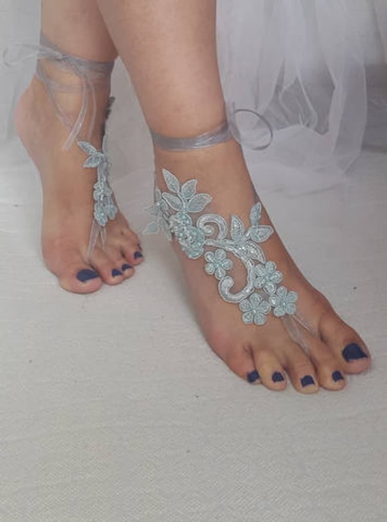 Barefoot sandals,wedding shoes, summer shoes, Beaded mint green lace, wedding sandals,prom dress accessories, foot jewelry,   