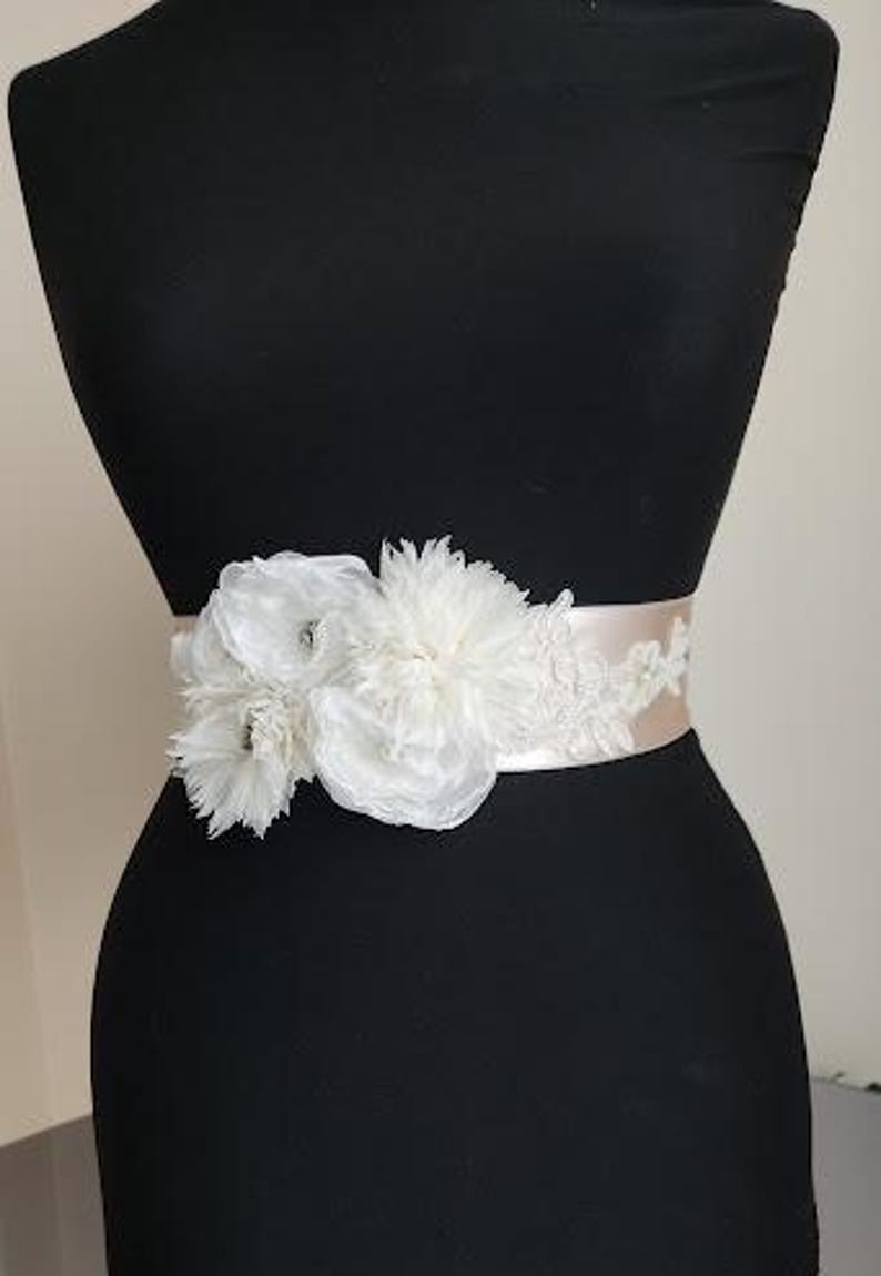 bride sash,Baby Shower Sash Mommy to Be Sash bridal belt ivory satin champagne satin,handmade flowers,wedding belt,Wing, Long Waist. image 3