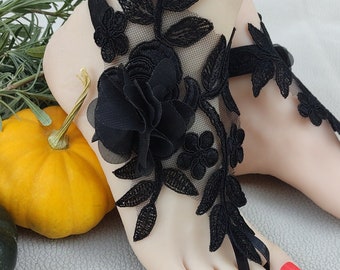 Bridal acessories Barefoot sandals, beach sandals, halloween, black, french lace,Beach shoes,wedding sandals,costume accessories,party for